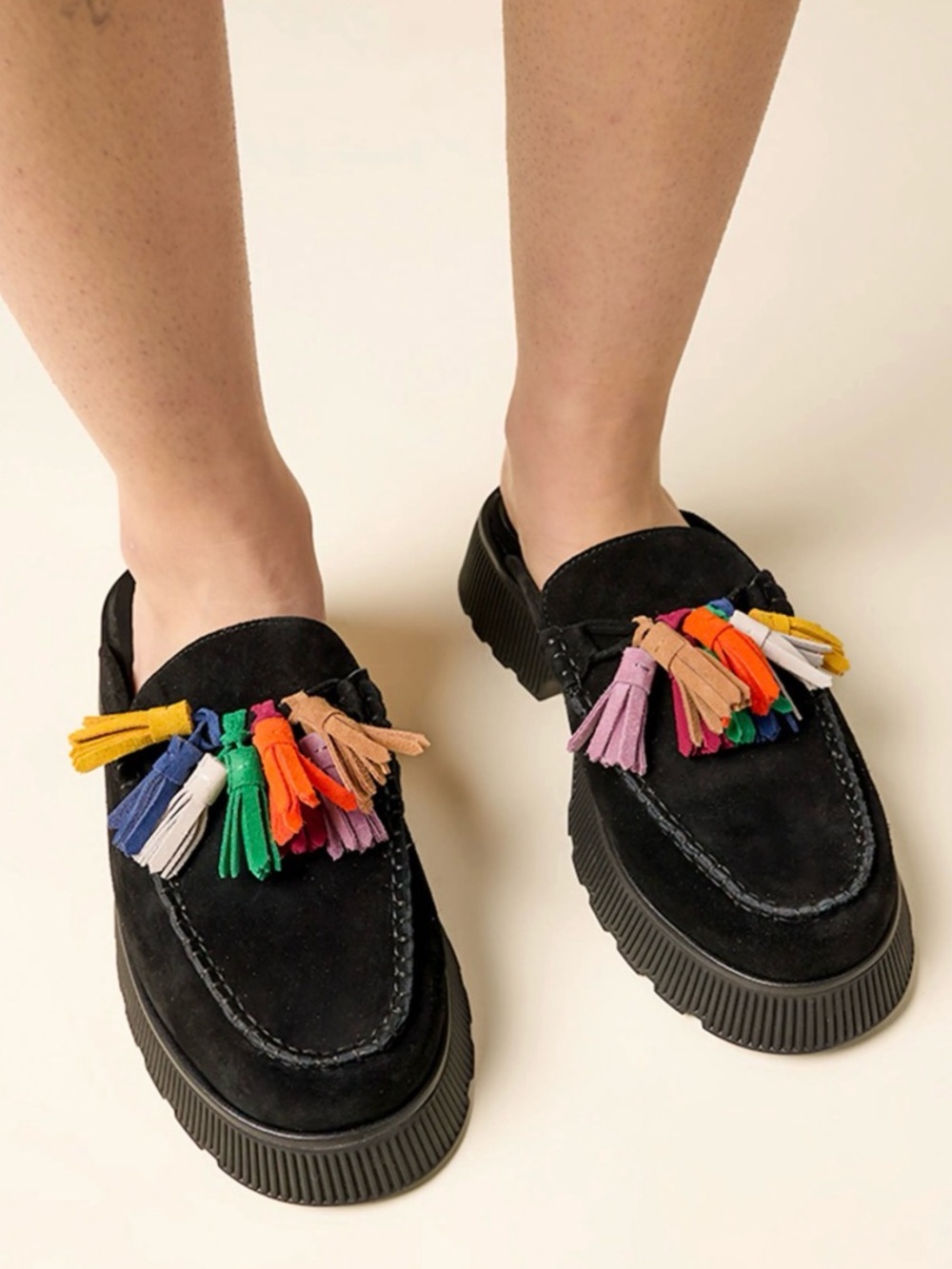 ISO Charlotte Stone Black Suede Tassel Loafers with Multicolor Tassels